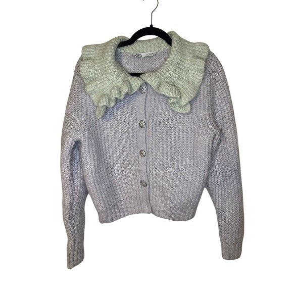 100% Authentic ZARA BIB Collar Knit‎ Cardigan With Crystal Buttons Size: M - Picture 1 of 5